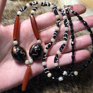 Black, white and red swirly art glass necklace